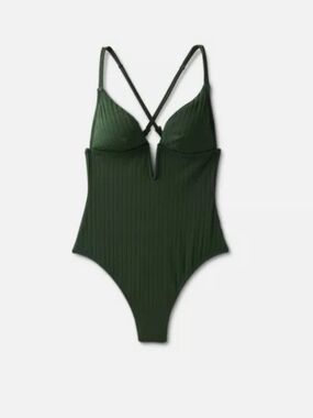 Shade & Shore Dark Green Ribbed One-Piece Swimsuit
